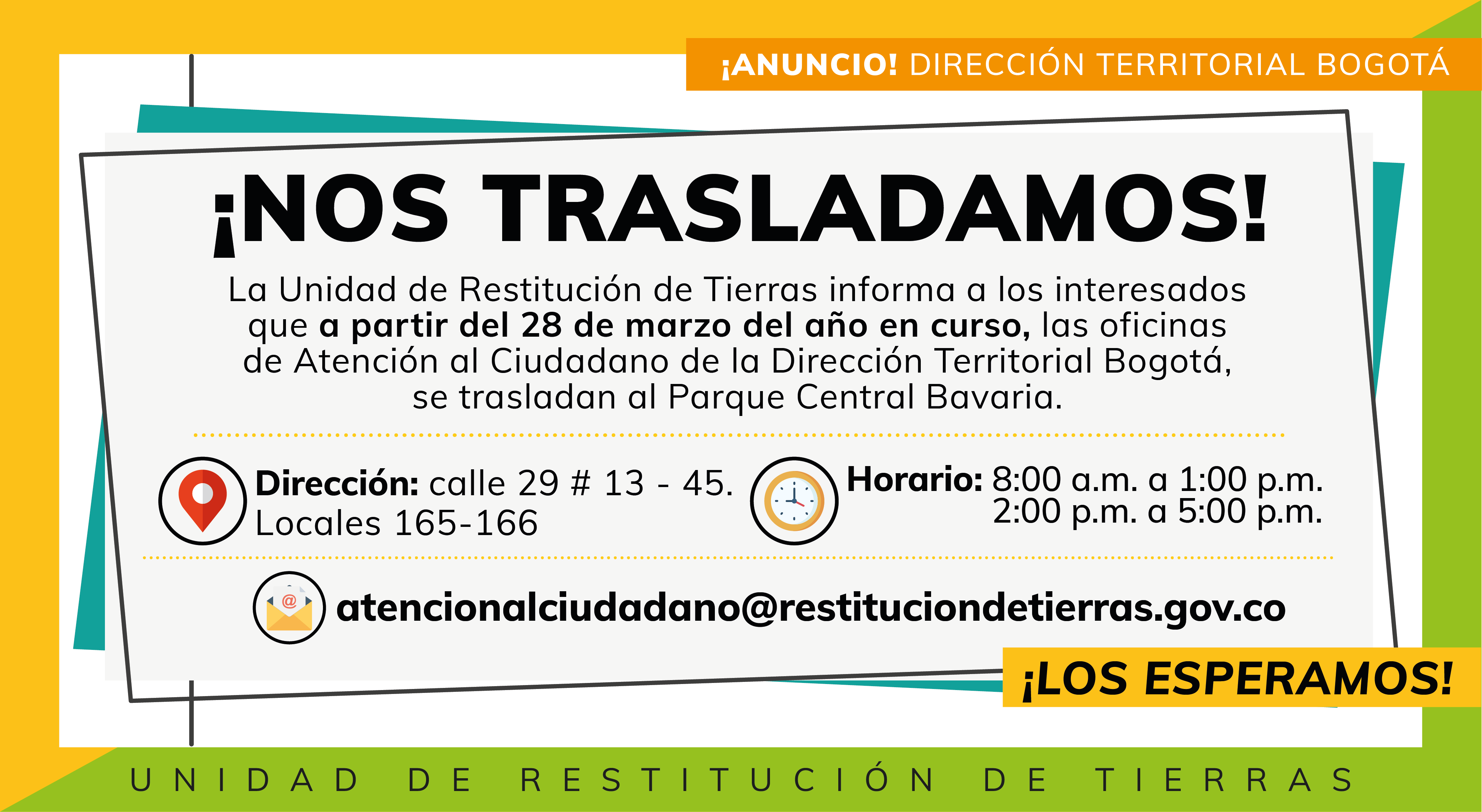 Unidad de Restitución de Tierras traslada sus oficinas territoriales de Bogotá y Cundinamarca 